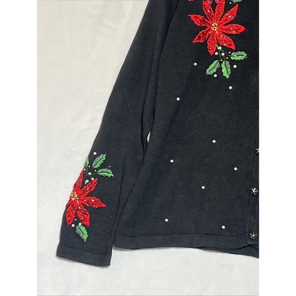 BP Design Knit Holiday Sweater Womens XL Cardigan Poinsettia Embroidered Beaded - Picture 4 of 12